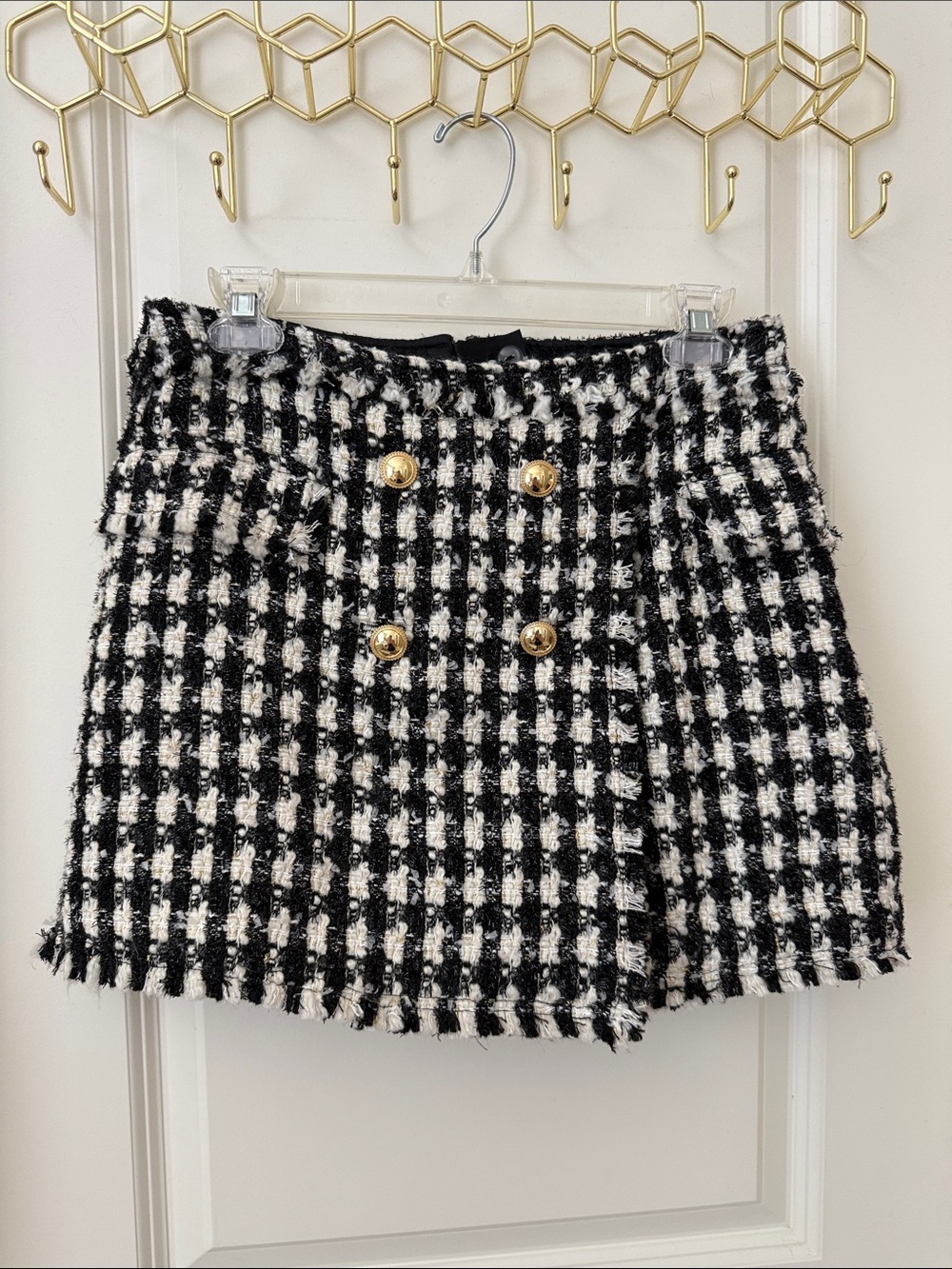 House of Harlow 1960 Black and White Tweed Skirt with Gold Embroidered Label